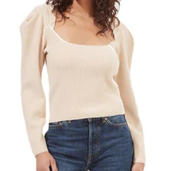 NWT ASTR Ribbed Knit Cut Out Puff Sleeve Pullover Sweater Size Women's10/L Cream - Picture 1 of 8